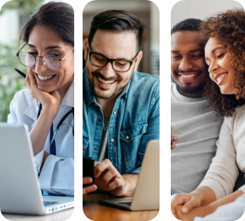 A diverse group of individuals using laptops, with a woman focused on her laptop screen.