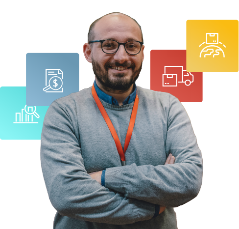 Man wearing glasses smiles in front of backdrop filled with icons.