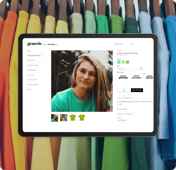 A tablet displaying an demandbridge clothing store page with a smiling woman's image on it, surrounded by colorful t-shirts hanging on racks